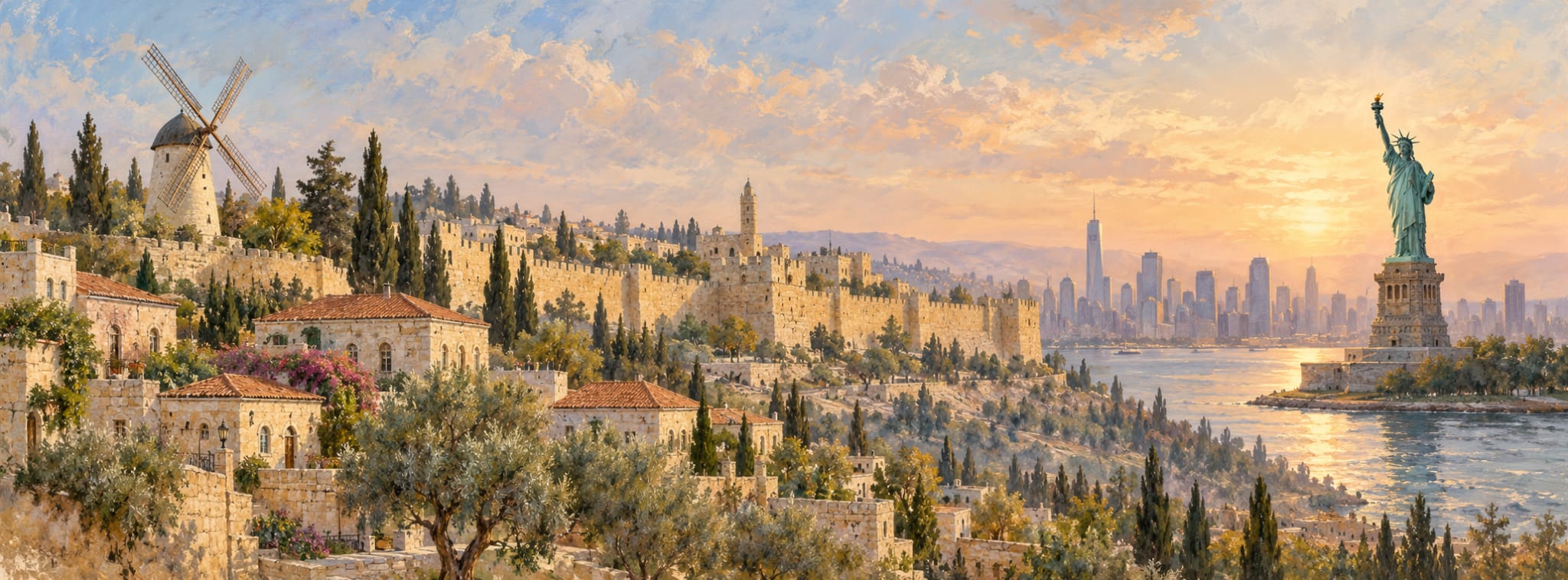 ציור פנורמי בגוונים רכים וזהובים, המשלב את טחנת הרוח ובתי משכנות שאננים וחומות ירושלים עם פסל החירות וקו הרקיע של ניו יורק, לצד מים בשעת שקיעה.